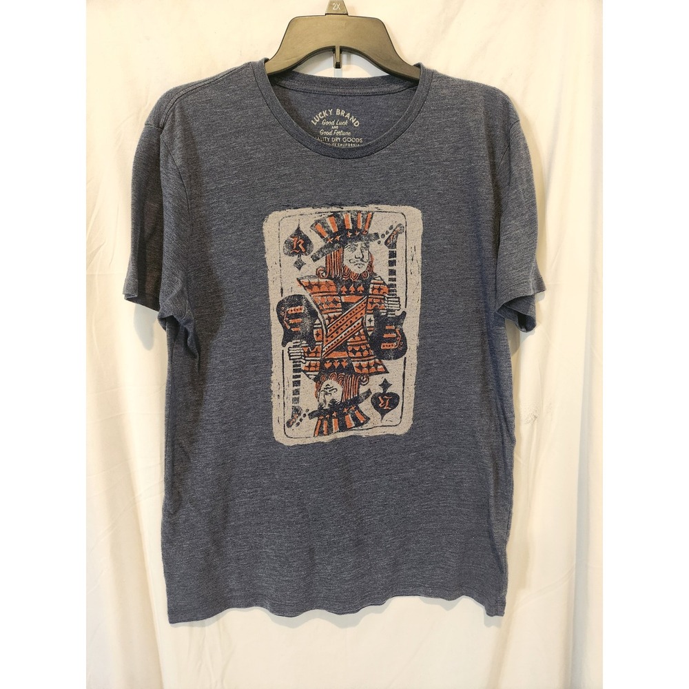 Lucky Brand Mens Blue Heather Graphic Tee Playing Card Guitar Shirt Medium